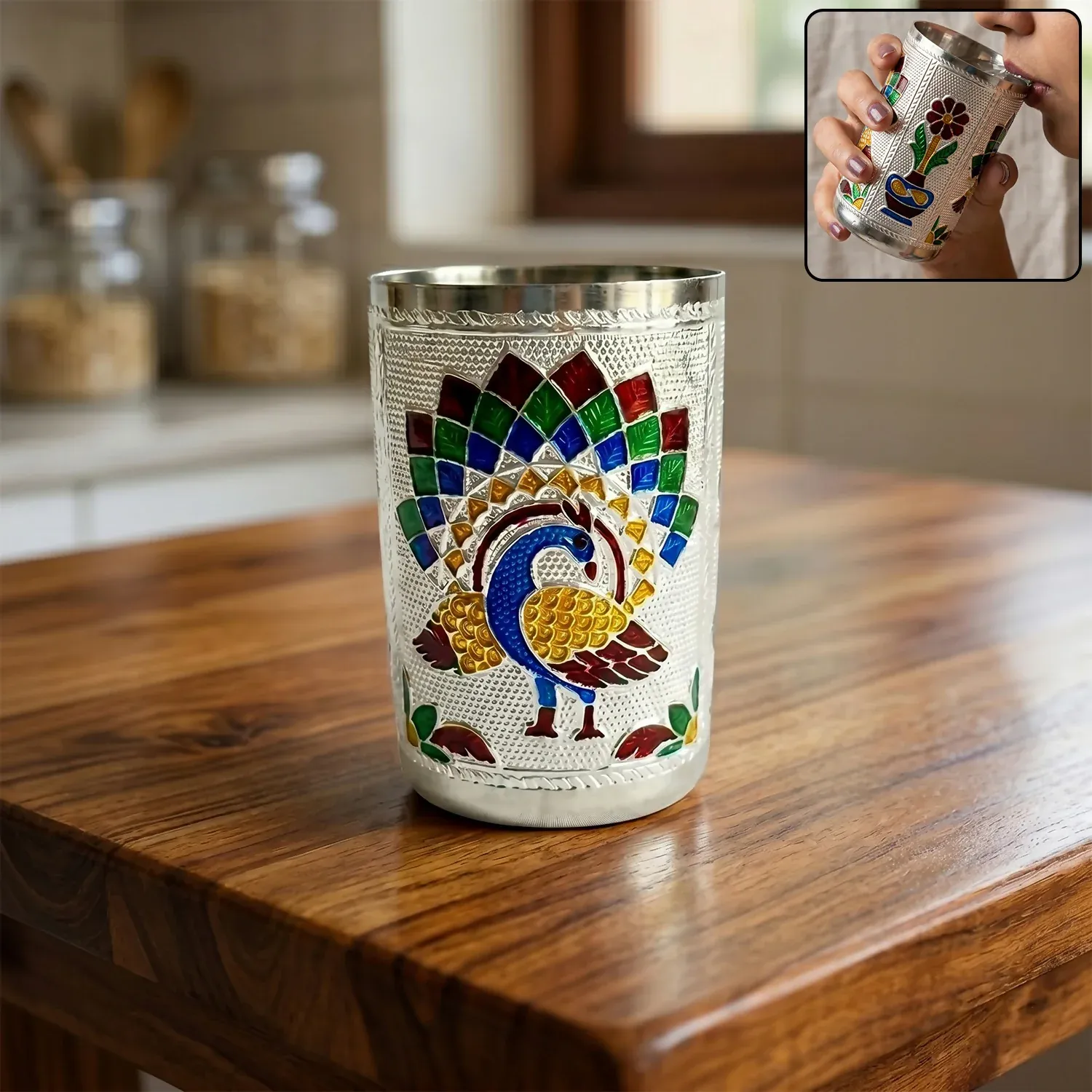 Premium Silver Meenakari Peacock Stainless Steel Drinking Glass - Buy Online at Alikart