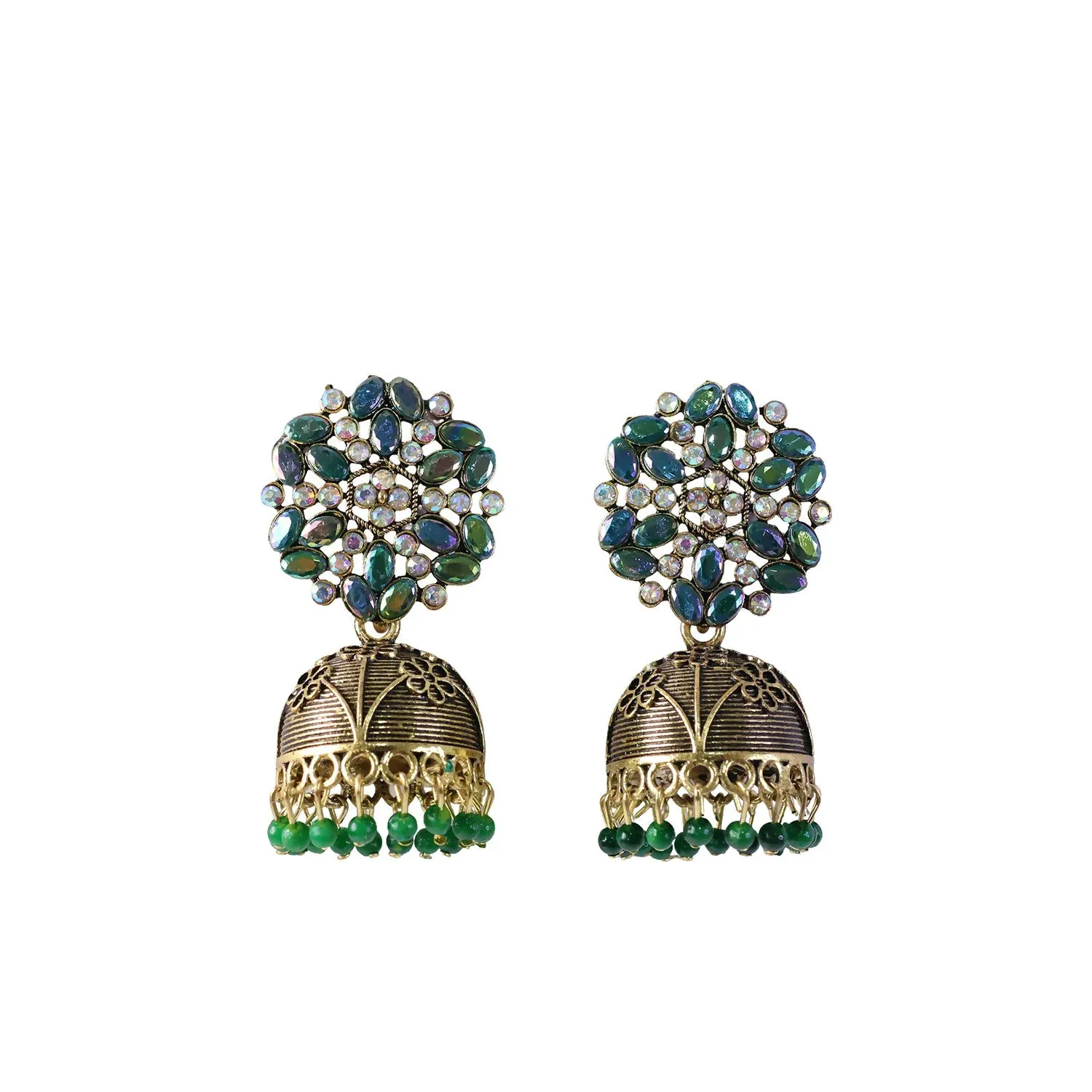 Antique Golden Jhumka Earrings with Green Stone Floral Top - Detailed Feature View 4