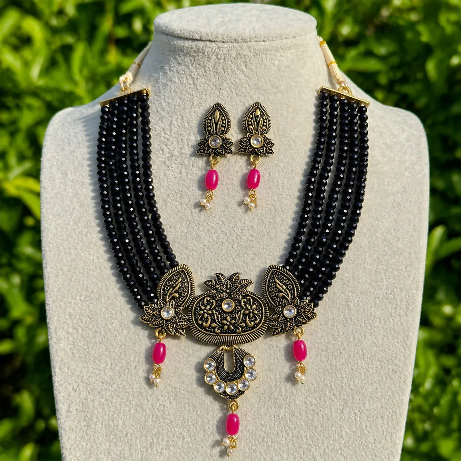 Black Beaded Ethnic Necklace Set with Adjustable Thread and Earrings - Detailed Feature View 3