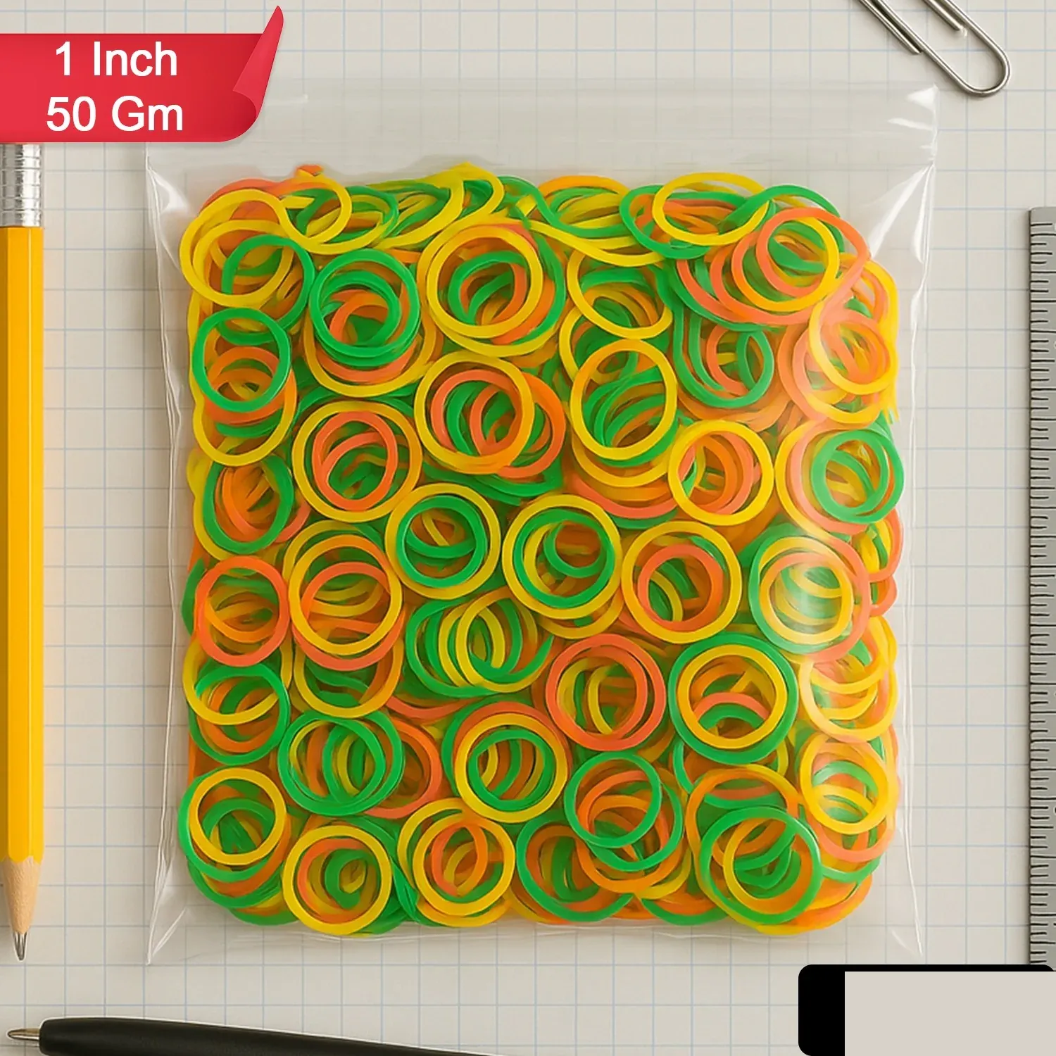 Multicolor Elastic Rubber Bands for Office, Home & Kitchen - 1 Inch, 50 GM - Detailed Feature View 2