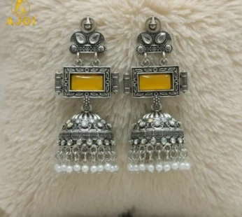 Traditional Oxidized Silver Jhumka Earrings with Yellow Stone & Pearl Hanging.