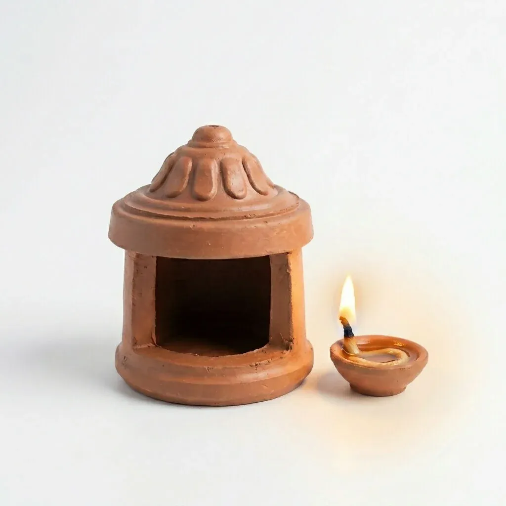 VedicHome Terracotta Clay Diya Lamp with Protective Hut Cover - Detailed Feature View 1