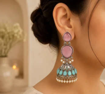 Elegant Traditional Jhumka Earrings with Pink Stones & Pearl Drops