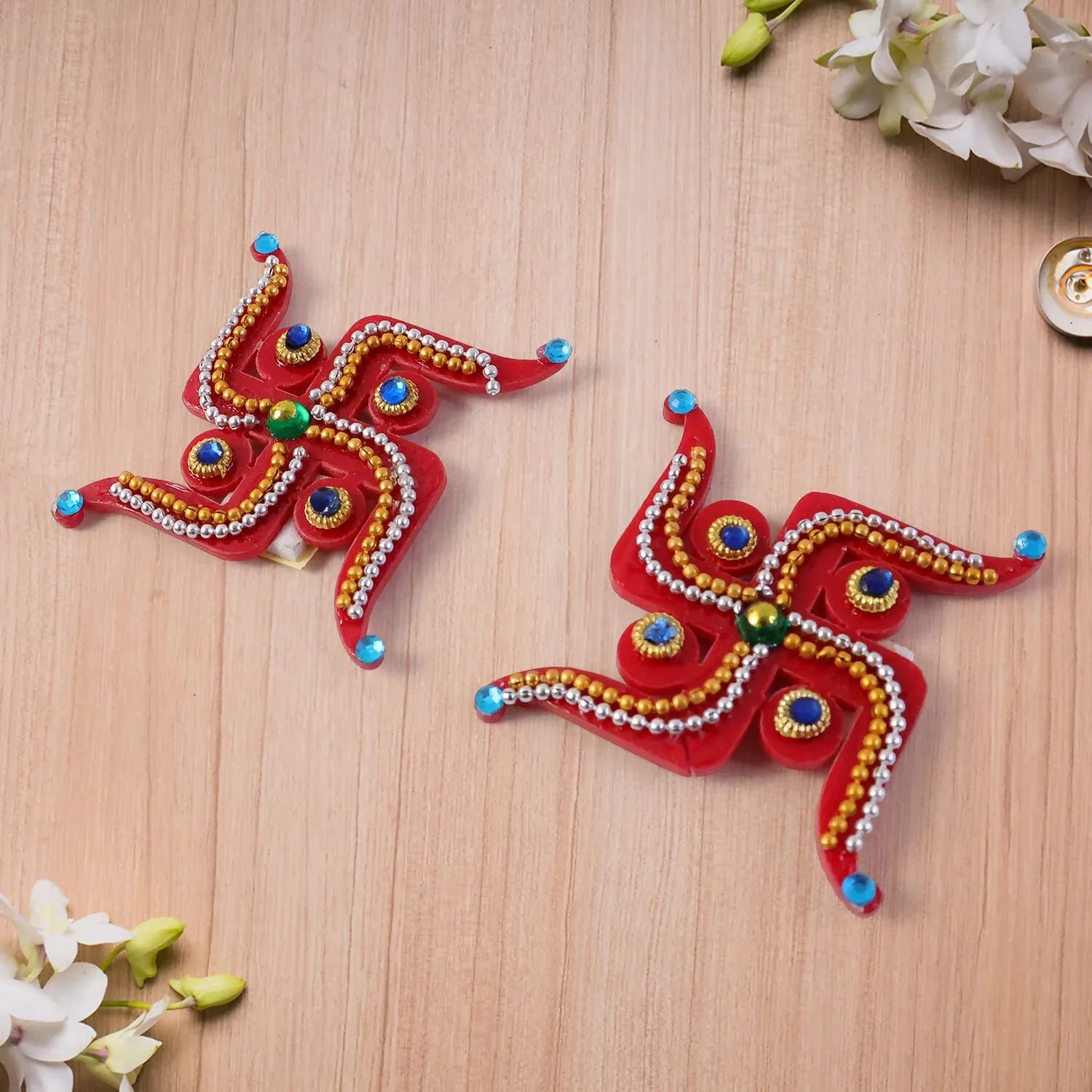 Swastik Door Hanging – Red Acrylic Pair for Auspicious Occasions - Detailed Feature View 1
