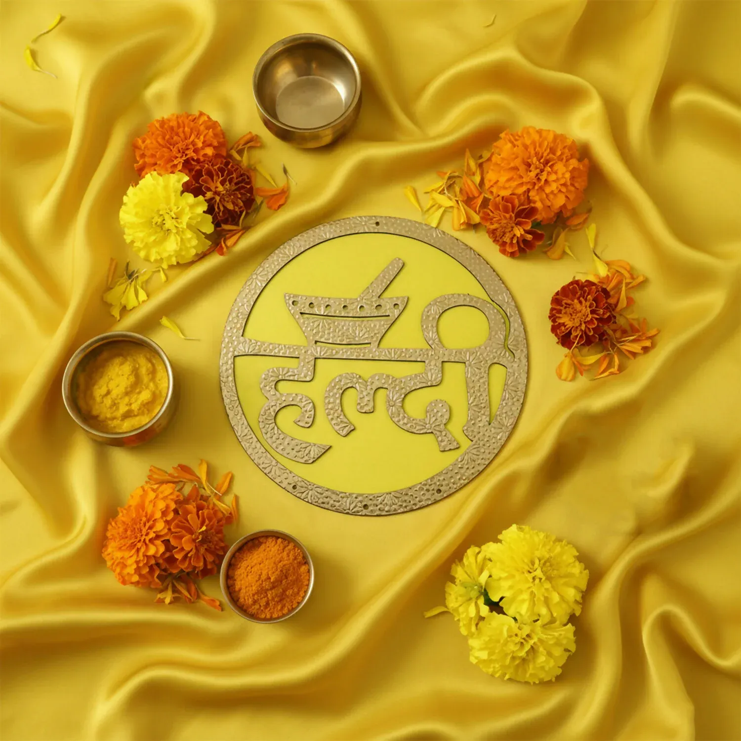 Premium Haldi Ceremony Wall Hanging – Vibrant Yellow & Red Wedding Decor - Buy Online at Alikart