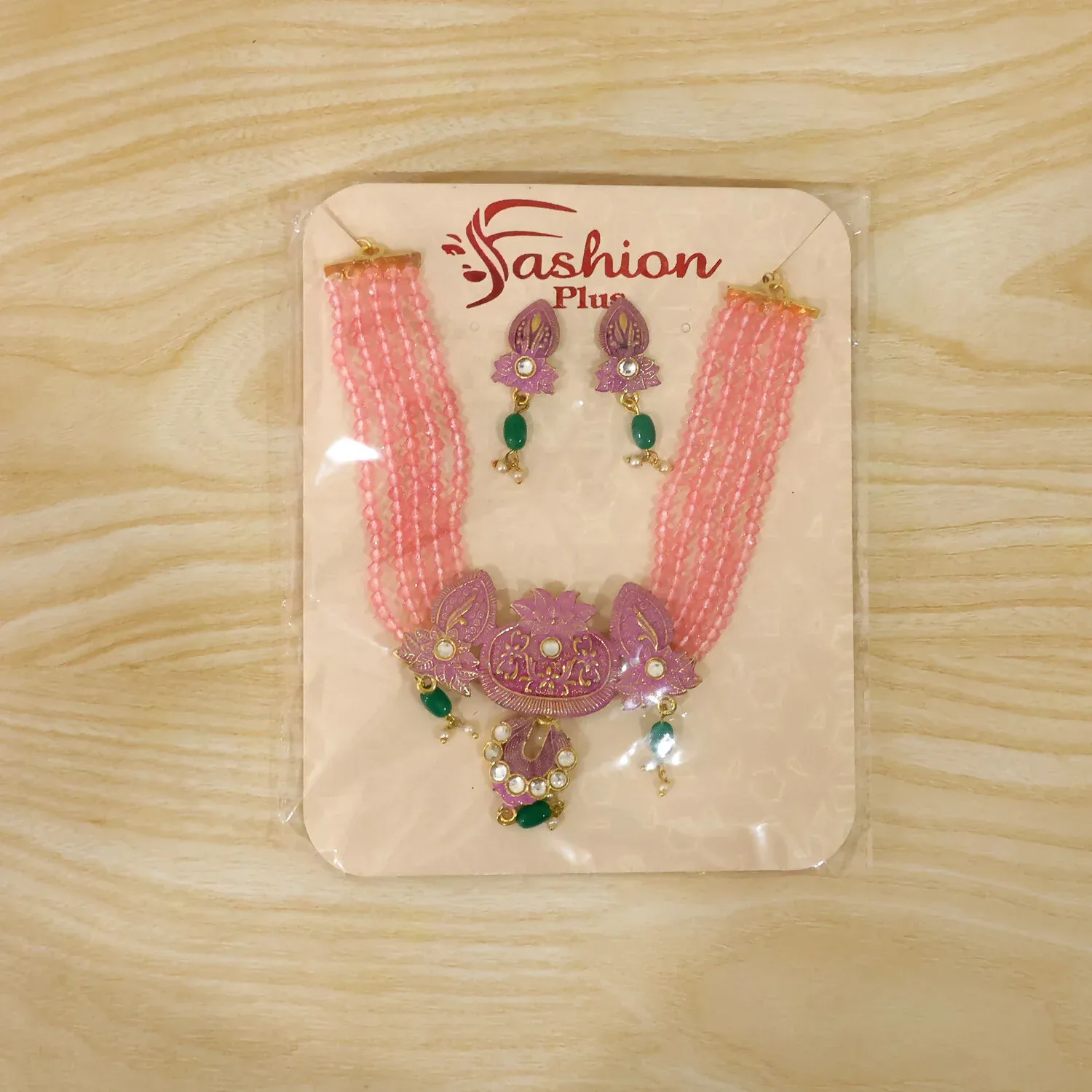 Pink Beaded Ethnic Necklace Set with Earrings - Adjustable Thread - Detailed Feature View 5