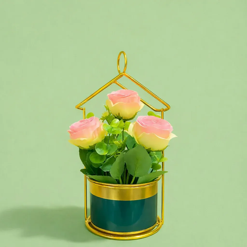 Gold Geometric Tabletop Planter with Decorative Pot - Detailed Feature View 3