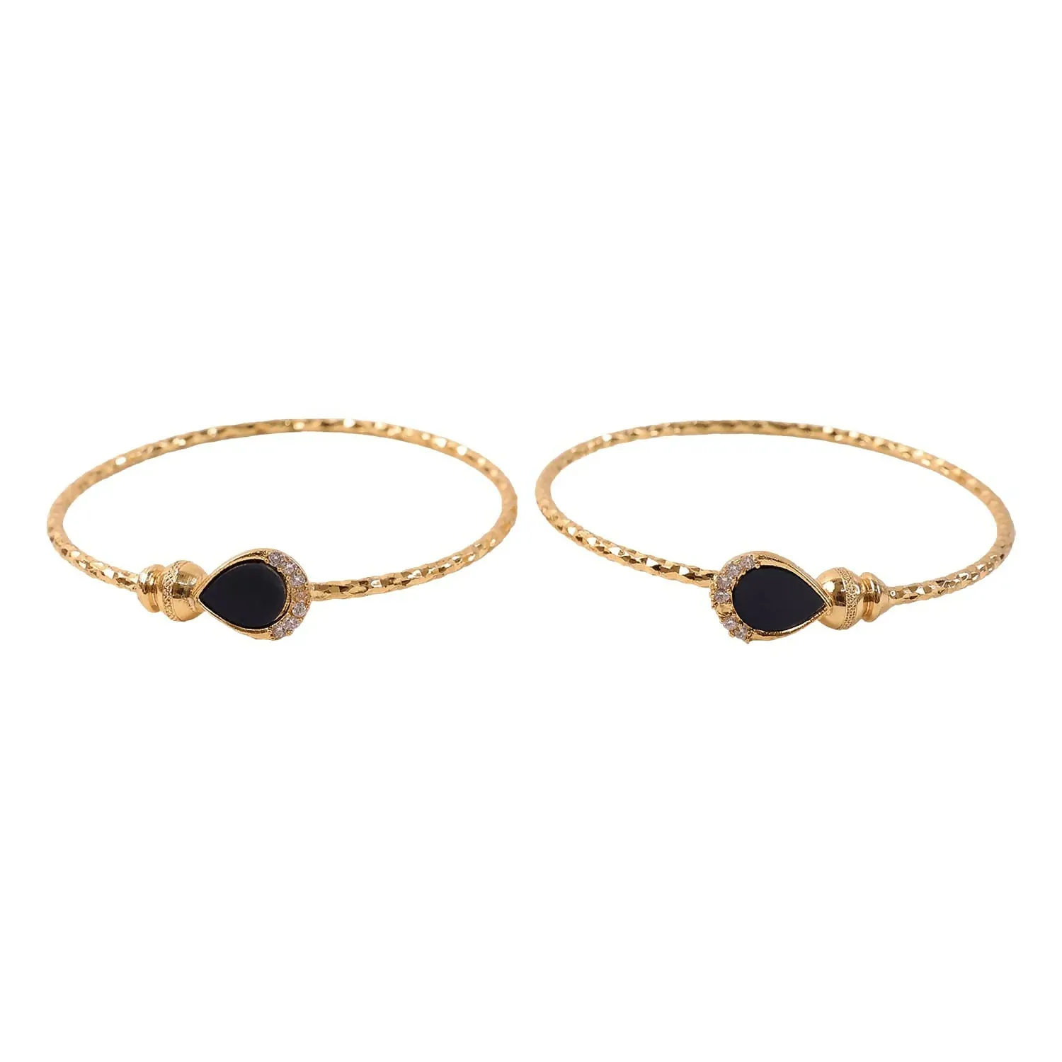 Gold Plated Black Stone Openable Kada Bracelet Pair - Detailed Feature View 4