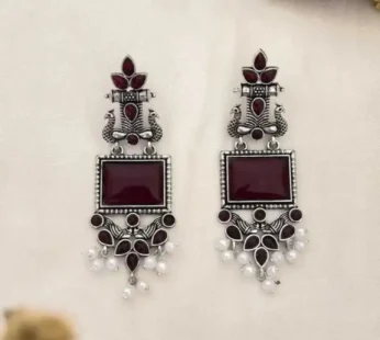 Traditional Oxidized Silver Maroon Stone Pearl Drop Earrings
