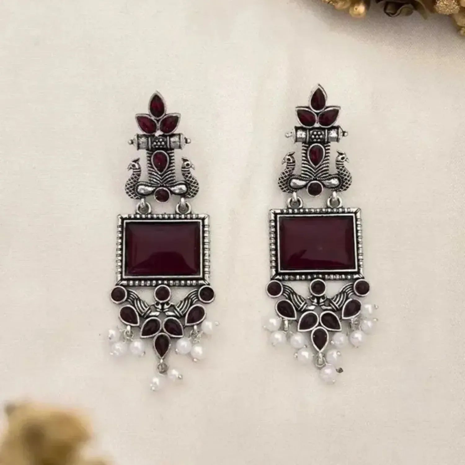 Premium Traditional Oxidized Silver Maroon Stone Pearl Drop Earrings - Buy Online at Alikart