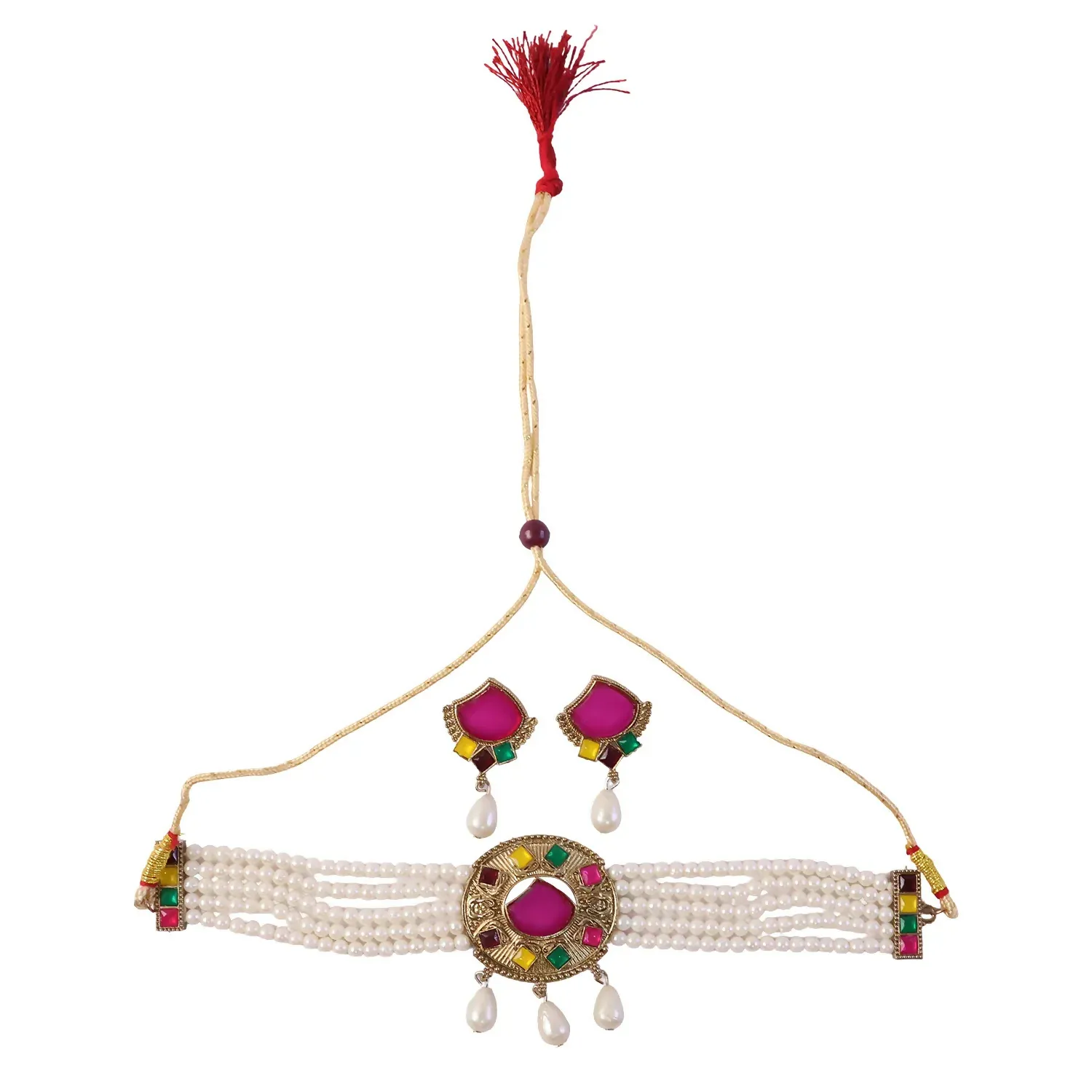 Traditional Pink Stone Pearl Choker Necklace Set with Earrings for Women Gift - Detailed Feature View 4