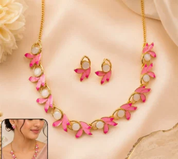 Pink Floral Gold-Plated Necklace and Earrings Jewellery Set for Women