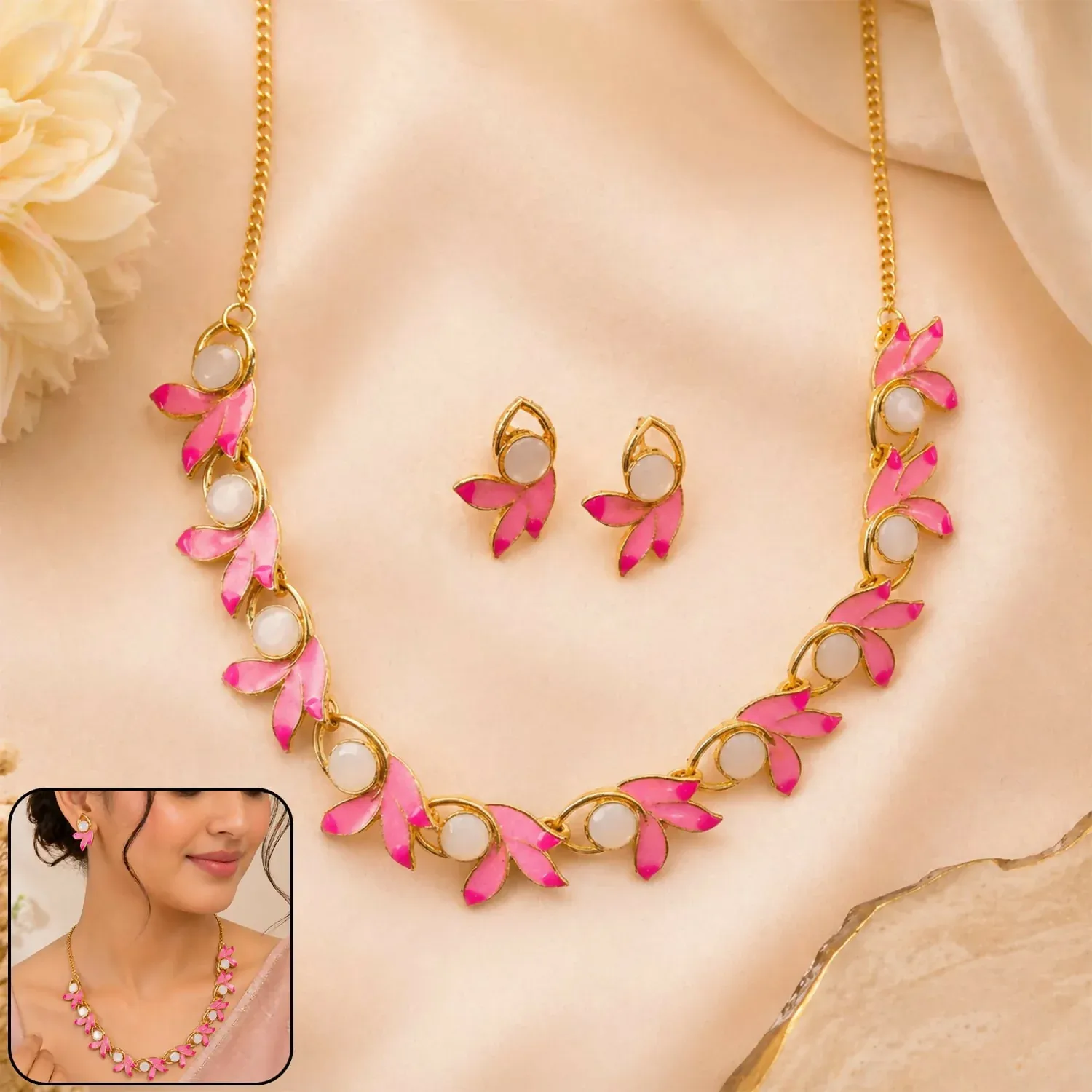 Premium Pink Floral Gold-Plated Necklace and Earrings Jewellery Set for Women - Buy Online at Alikart