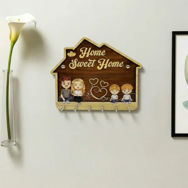 Home Sweet Home Wooden Key Holder – Durable Wall Organizer with 5 Hooks