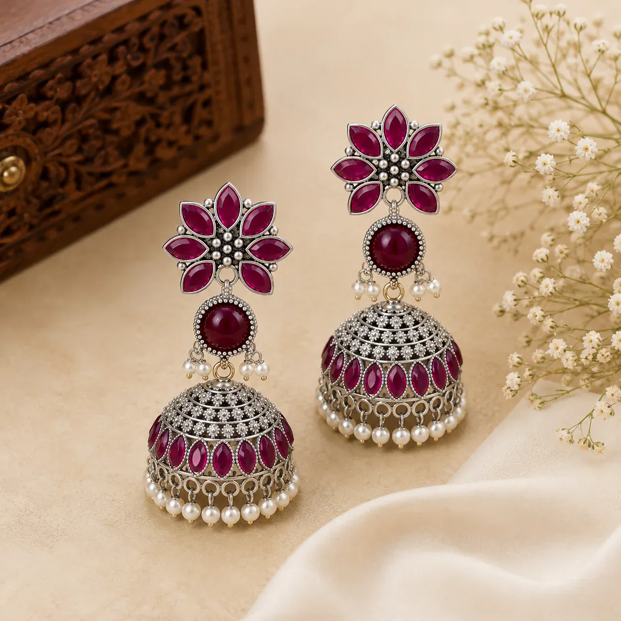 Oxidized Silver Jhumkha Earrings with Lilac Stones & Lavender Beads - Detailed Feature View 2