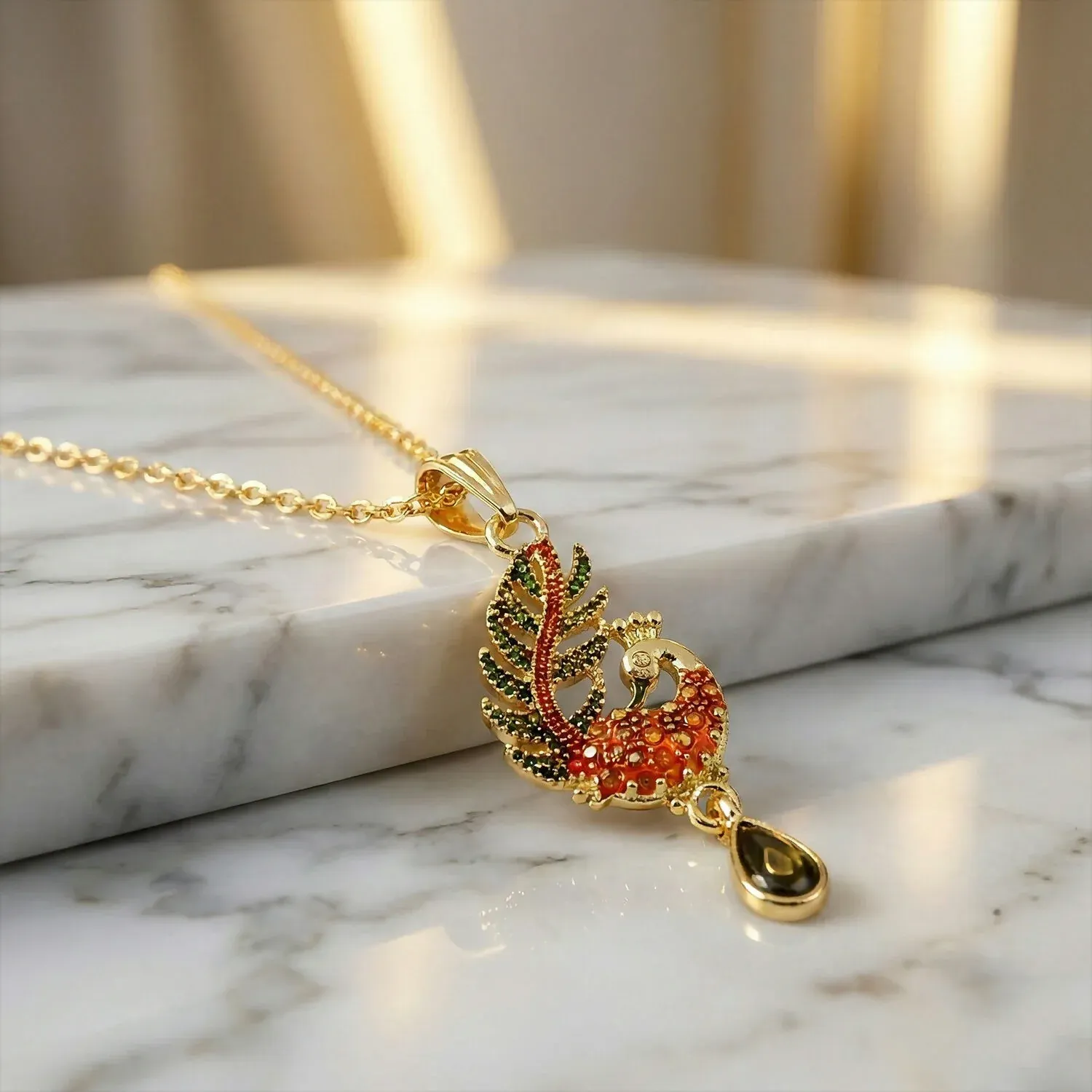 Peacock Motif Pendant Necklace for Women with Chain - Detailed Feature View 1