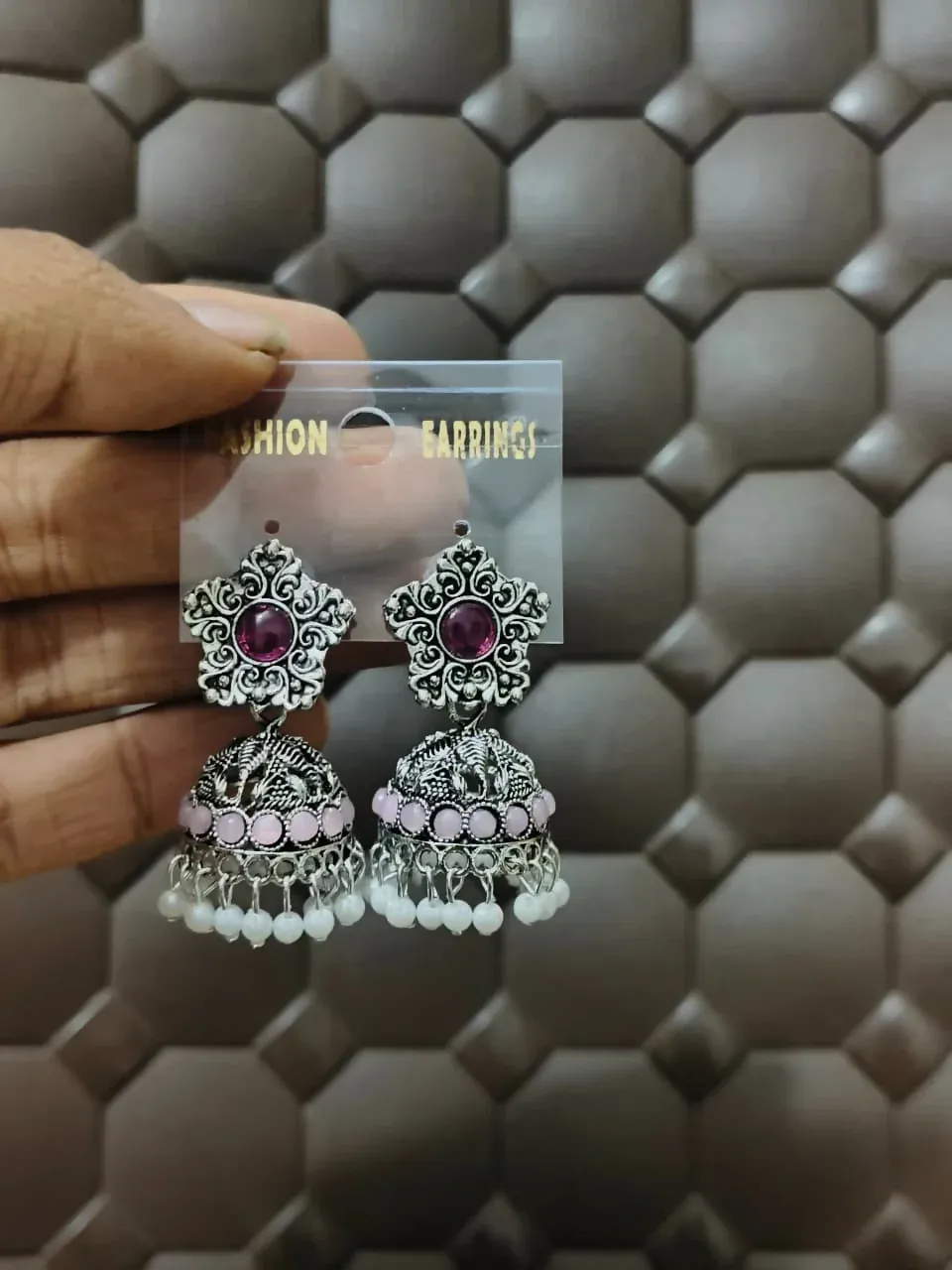 Oxidized Silver Jhumka Earrings with Purple Stone & Pearls - Detailed Feature View 4