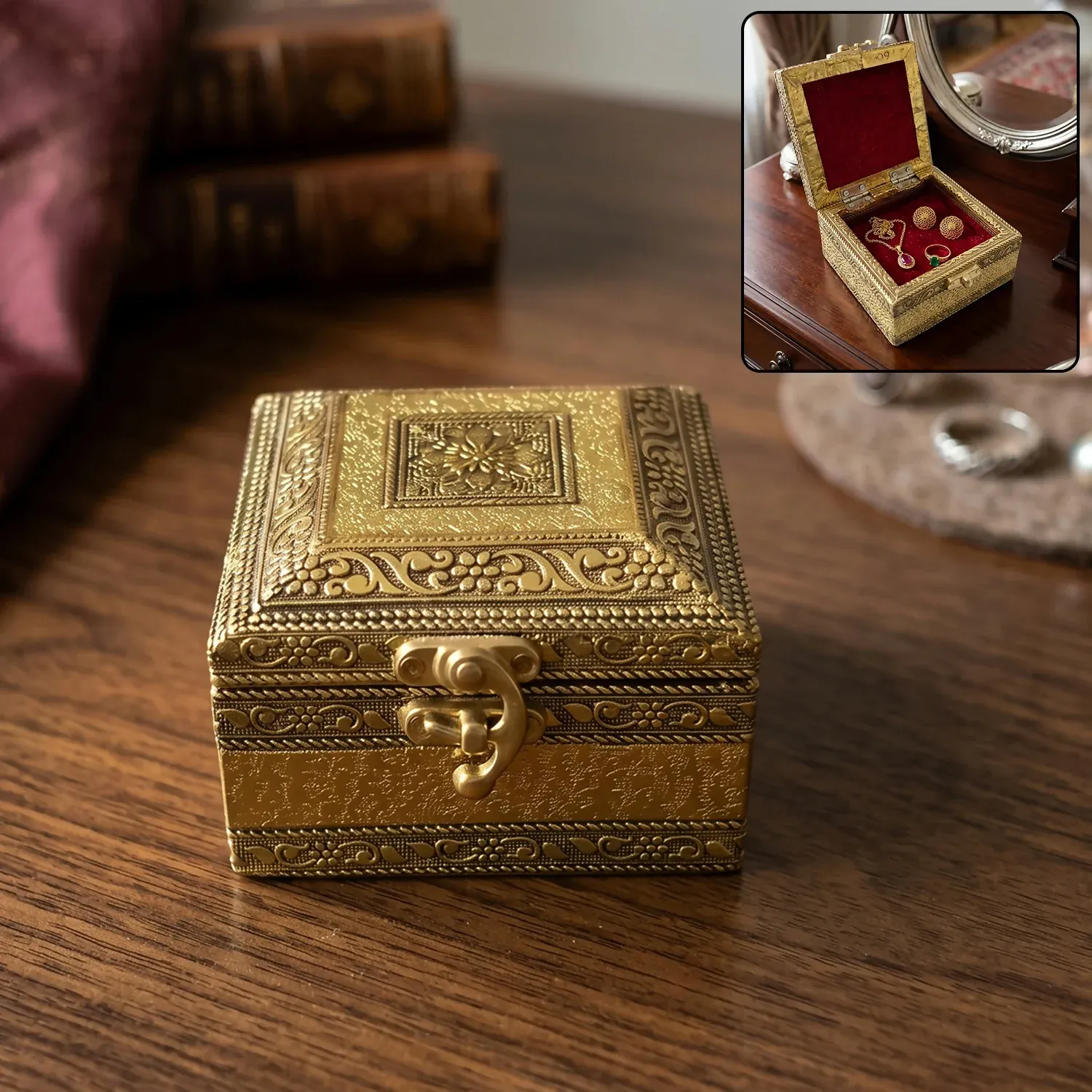 Premium Handicraft Rexine Oxidised Golden Storage Box with Decorative Lock Design - Buy Online at Alikart