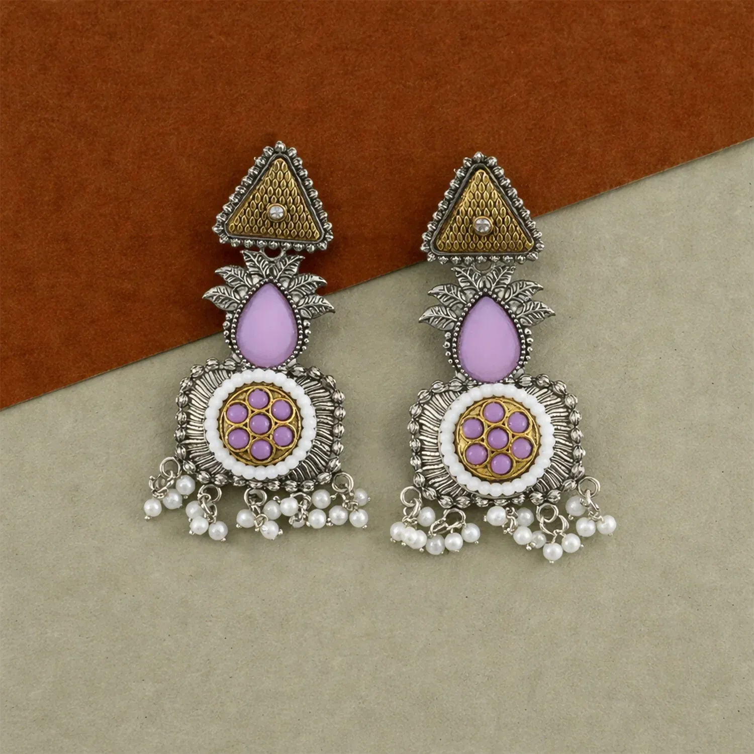 Premium Elegant Blush Pink & Pearl Embellished Statement Drop Earrings with Antique Silver Finish and Intricate Floral Filigree Design - Buy Online at Alikart