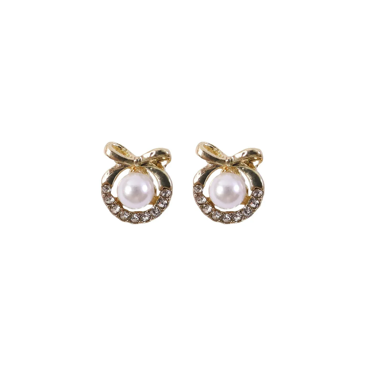 Korean Royal Bow-Knot Crystal Halo Pearl Studs For Girls And Women - Detailed Feature View 4