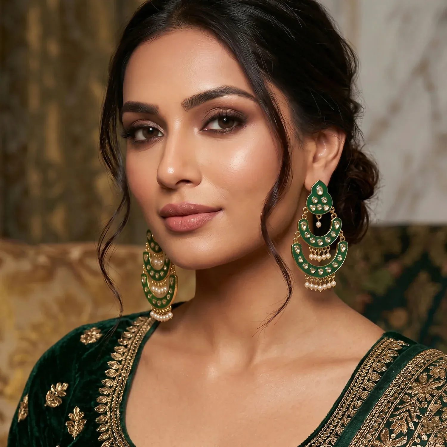 Green Layered Chandbali Earrings with Pearls for Women - Detailed Feature View 2