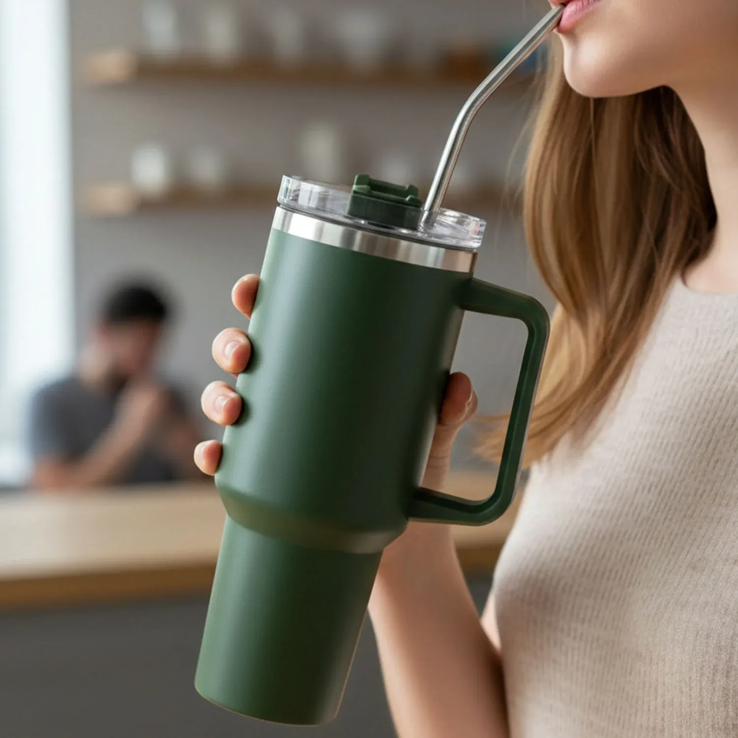 1200ML Insulated Travel Mug with Handle & Straw | Hot & Cold Tumbler - Detailed Feature View 2