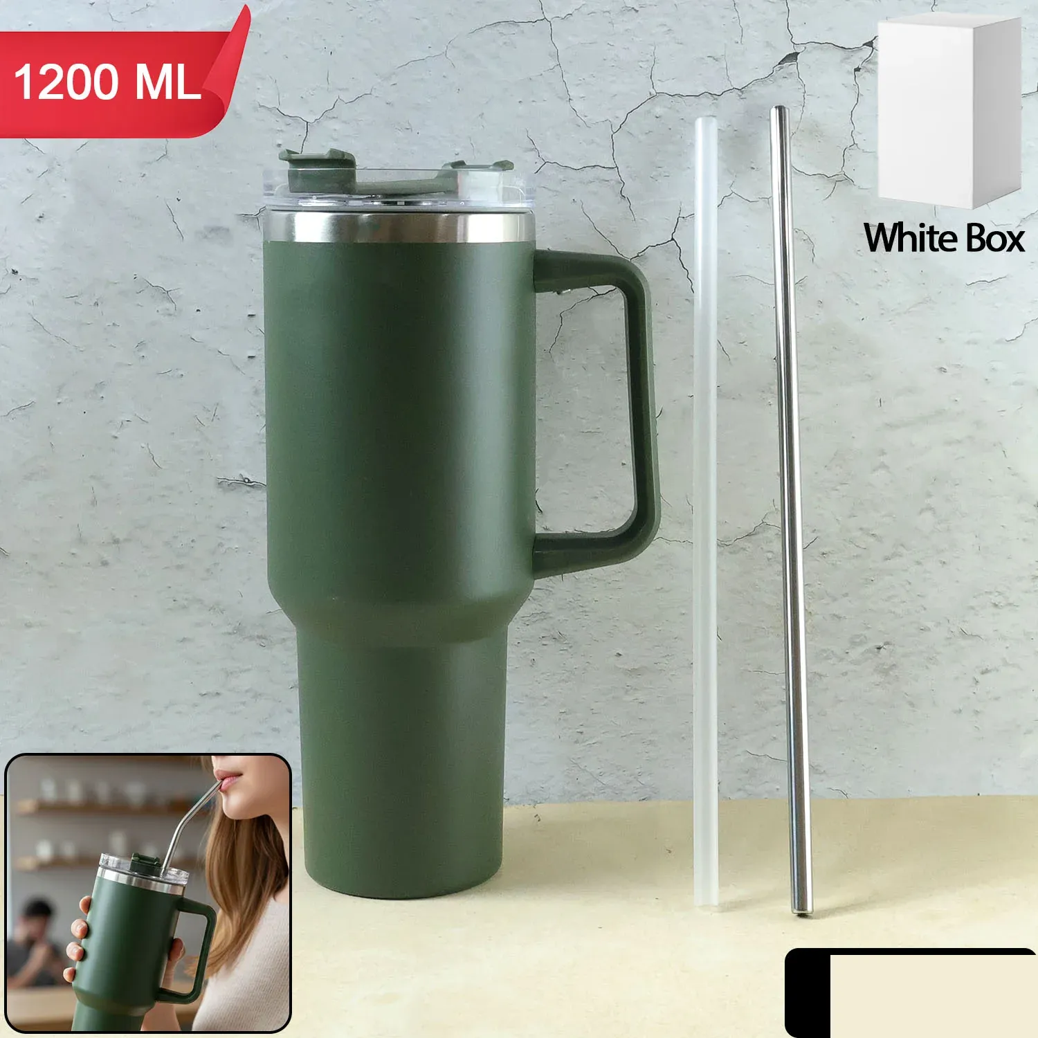 1200ML Insulated Travel Mug with Handle & Straw | Hot & Cold Tumbler - Detailed Feature View 1