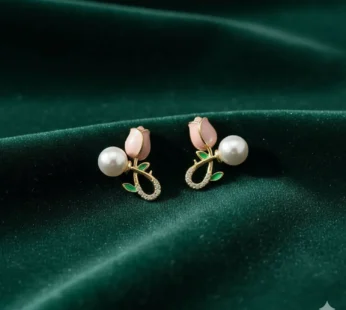 Pink Tulip & Pearl Earrings – Elegant Korean Style Jewelry