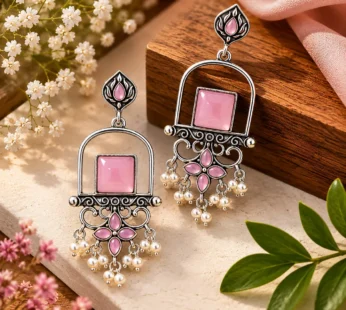Elegant Pink Stone Oxidized Silver Pearl Drop Earrings for Women
