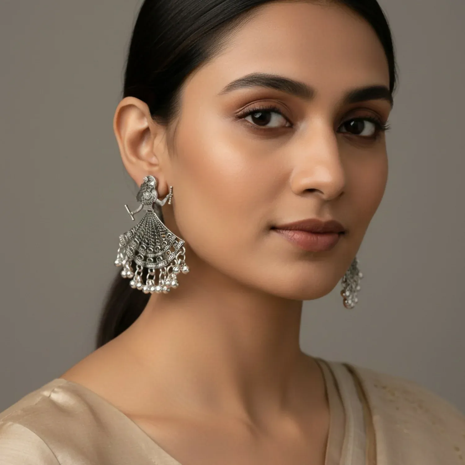 Oxidised Silver Dancing Doll Jhumka Earings - Detailed Feature View 1