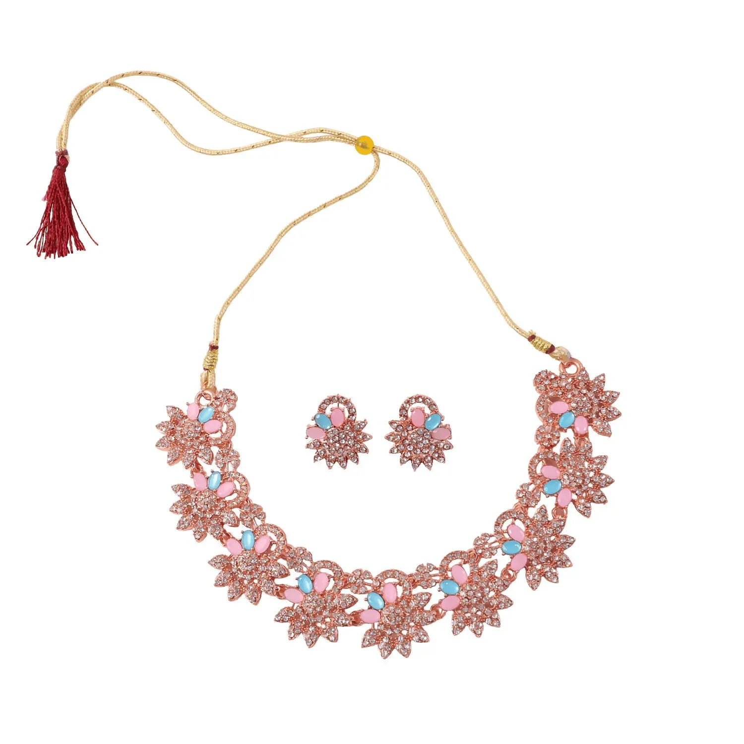 Hot Pink and Blue Stones Necklace & Earrings Set with Gold Plating - Detailed Feature View 4