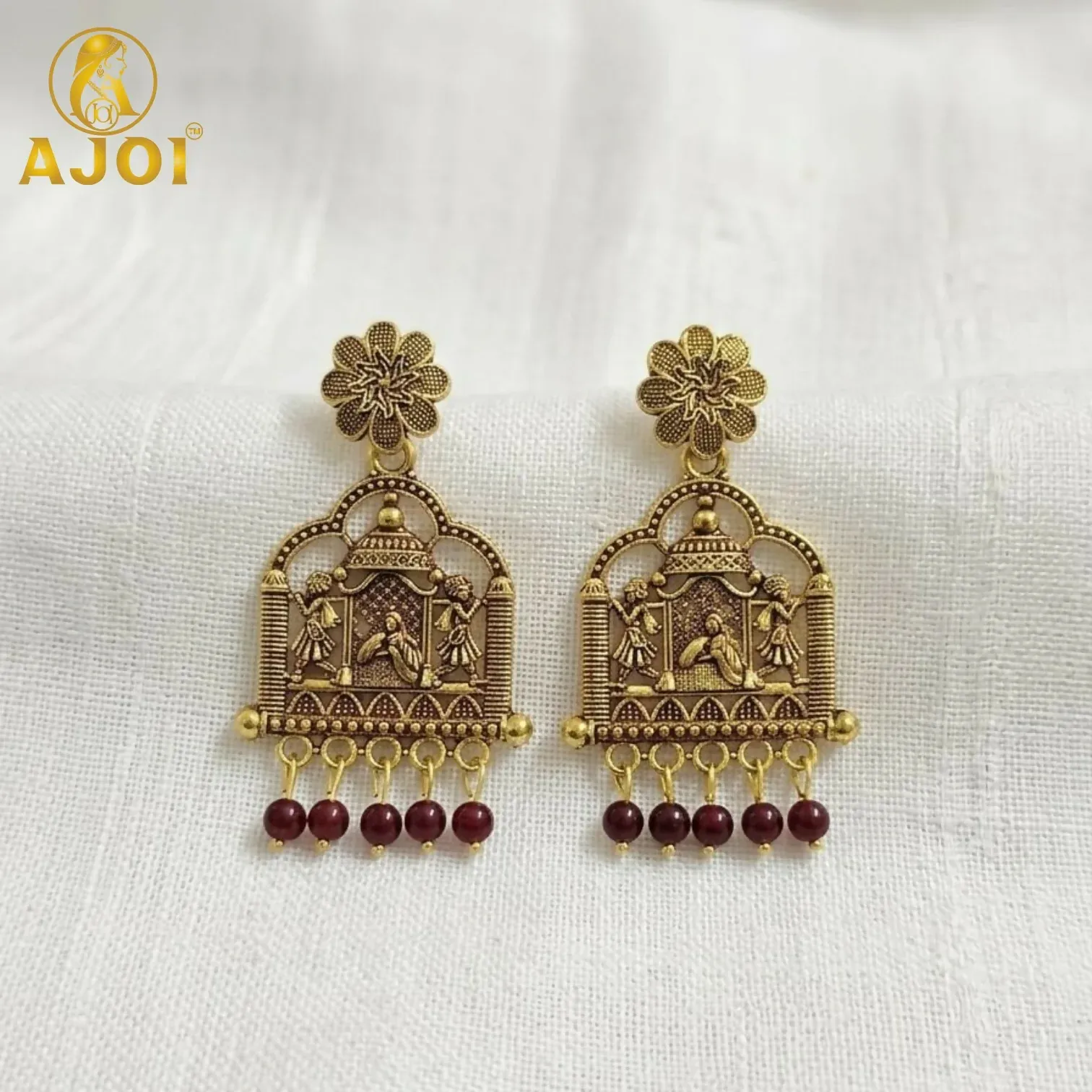 Premium Antique Temple Doli Earrings with Maroon Pearl Drops - Buy Online at Alikart