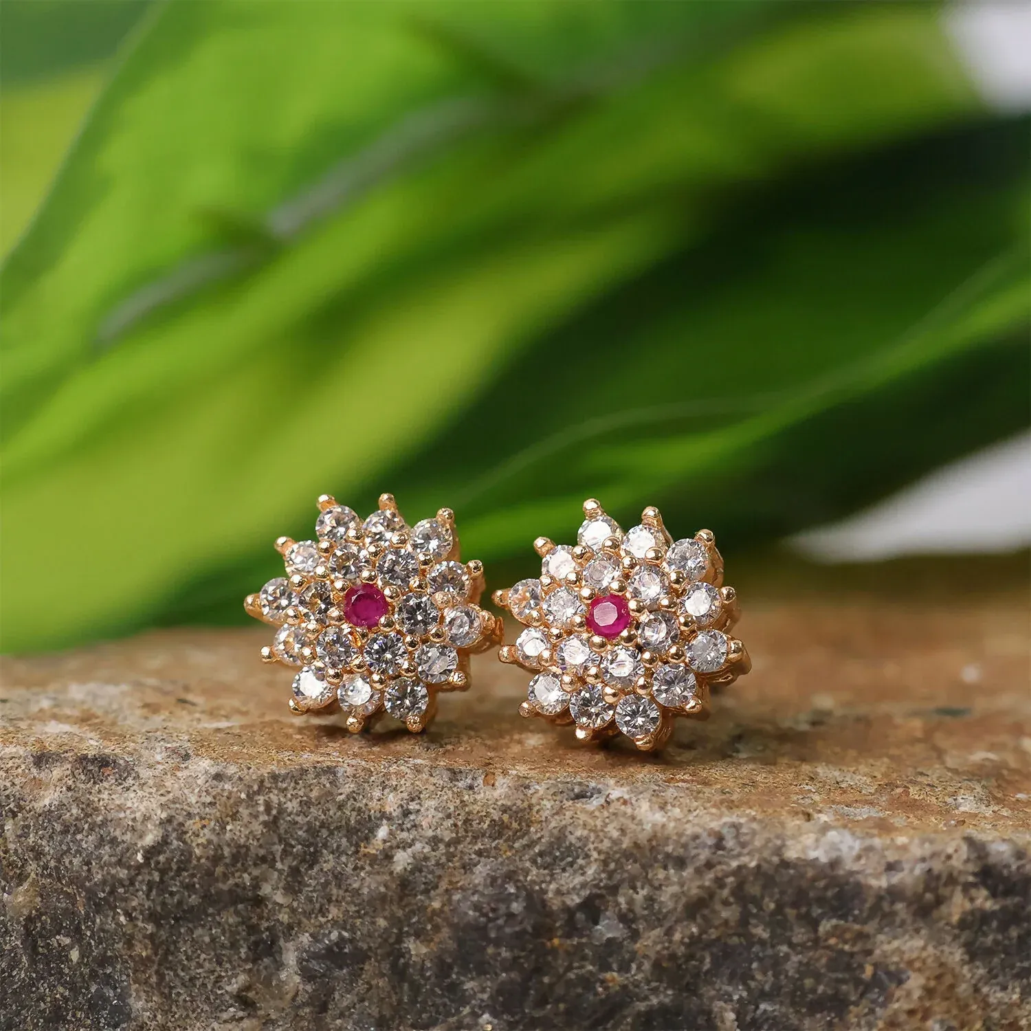 Floral CZ Stud Earrings with Center Stone for Daily & Party Wear - Detailed Feature View 2
