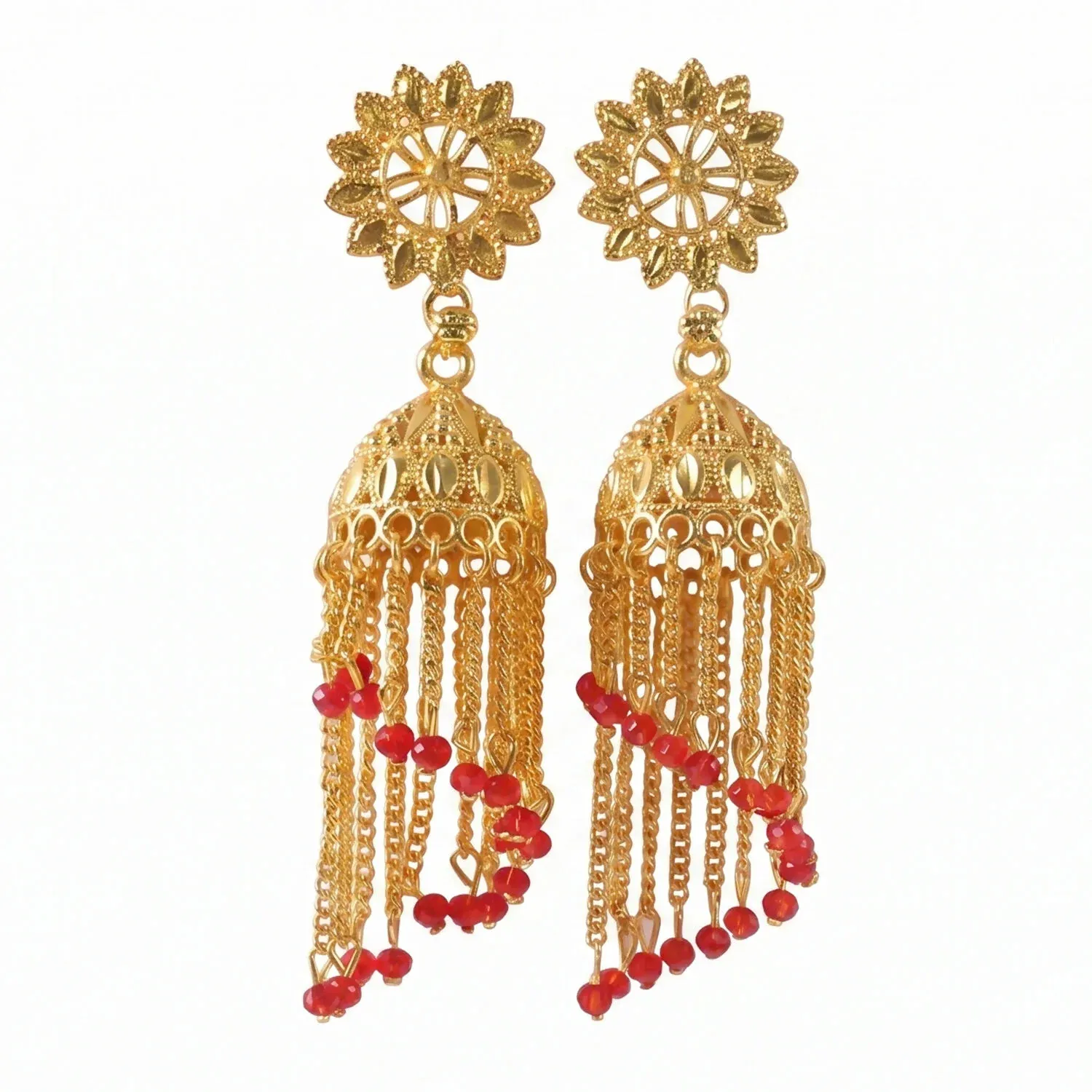 Vintage Gold-Plated Jhumka Earrings with Pearl Accents - Detailed Feature View 5