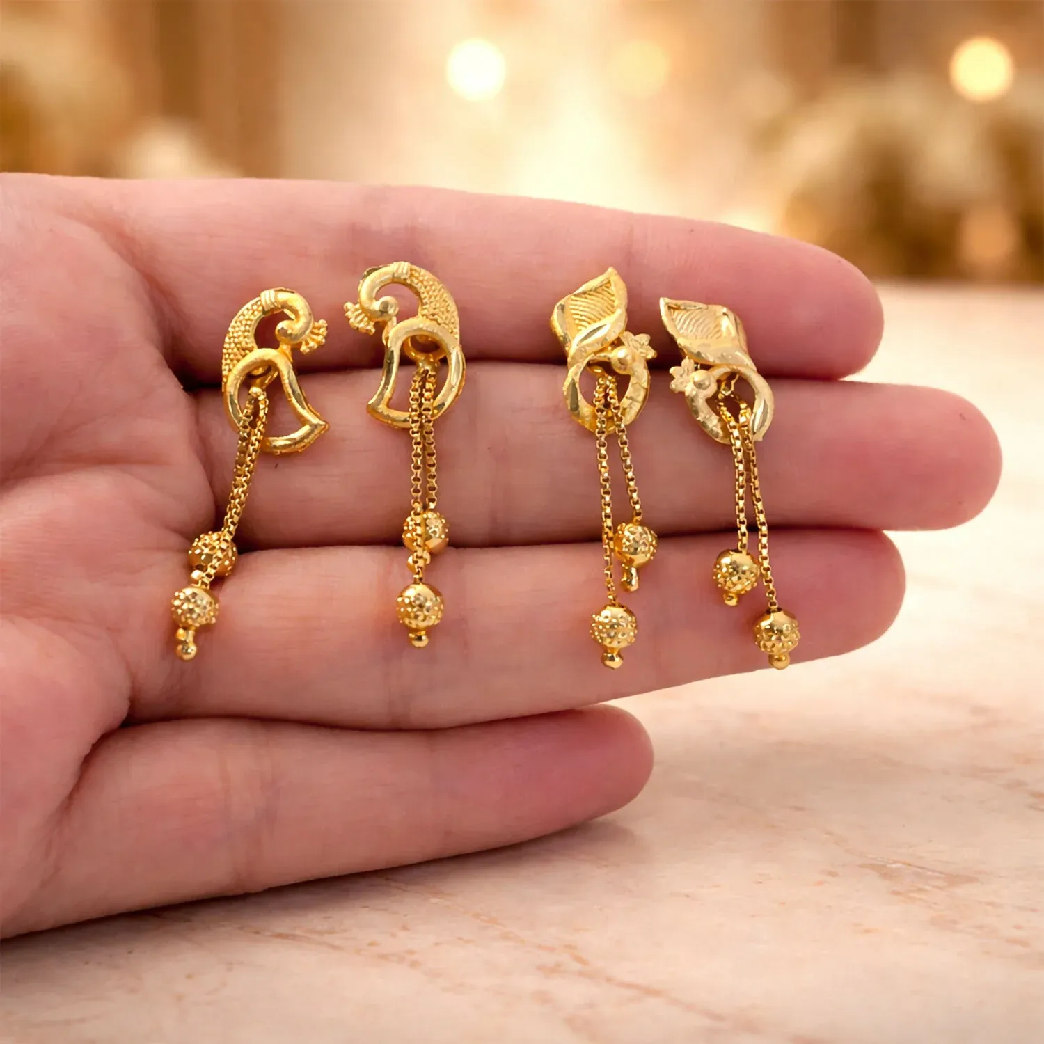 Elegant Gold-Toned Ethnic Earrings Set with Floral Peacock Design & Beads (2 Pair) - Detailed Feature View 2