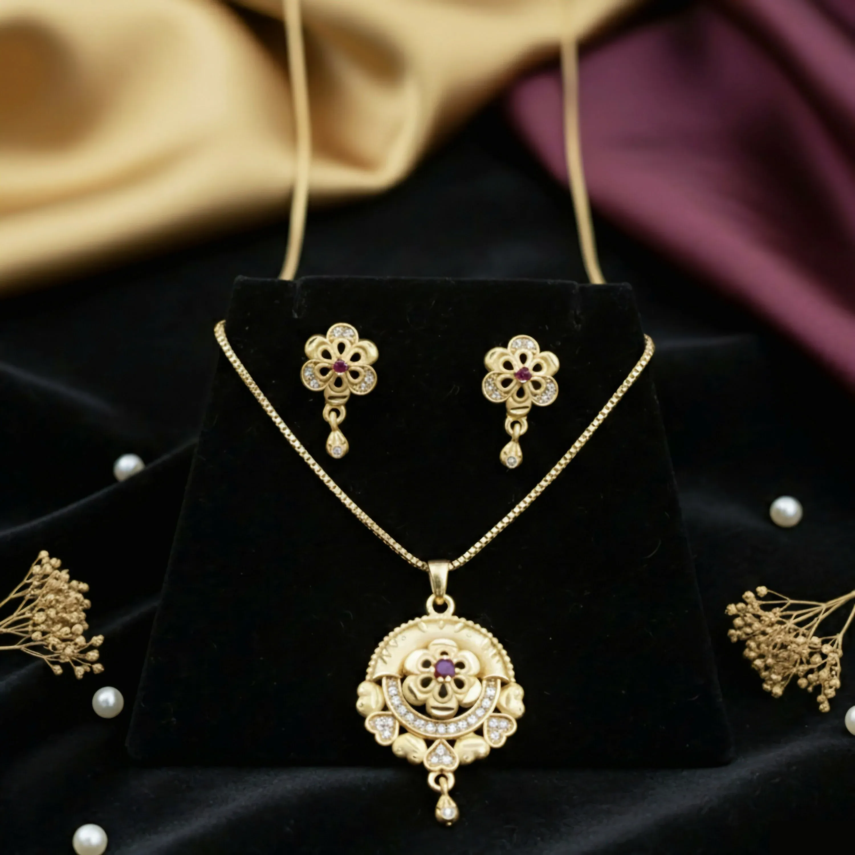 Royal Bloom Jewelry Set: Gold-Tone Floral Filigree Pendant & Matching Drop Earrings set,pendant set - Detailed Feature View 3