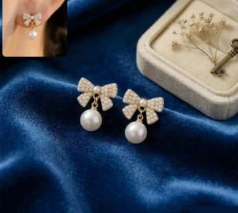 Korean Crystal Ribbon Bow & Drop Pearl Studs For Girls And Women