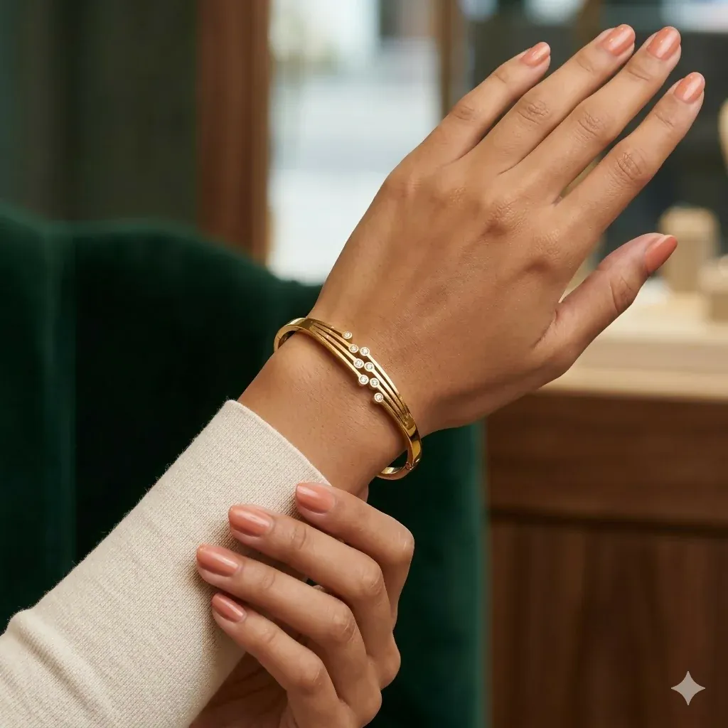 Eternal Bloom Gold-Tone Botanical Kada Bracelet for Women & Girls - Detailed Feature View 3