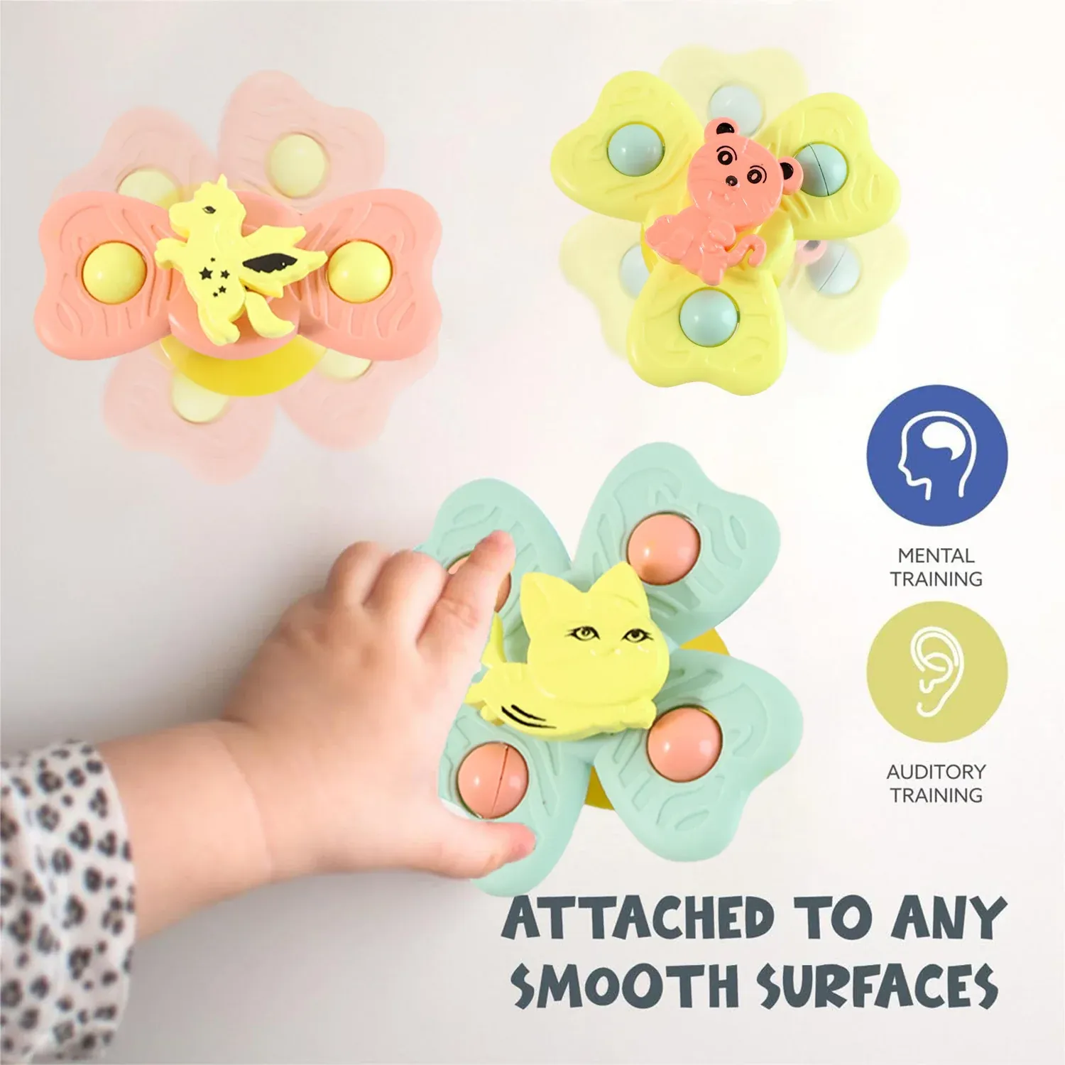 Buzzy Baby Spinner Toy Set – 3-Pc Suction Cup Spinning Toys - Detailed Feature View 2