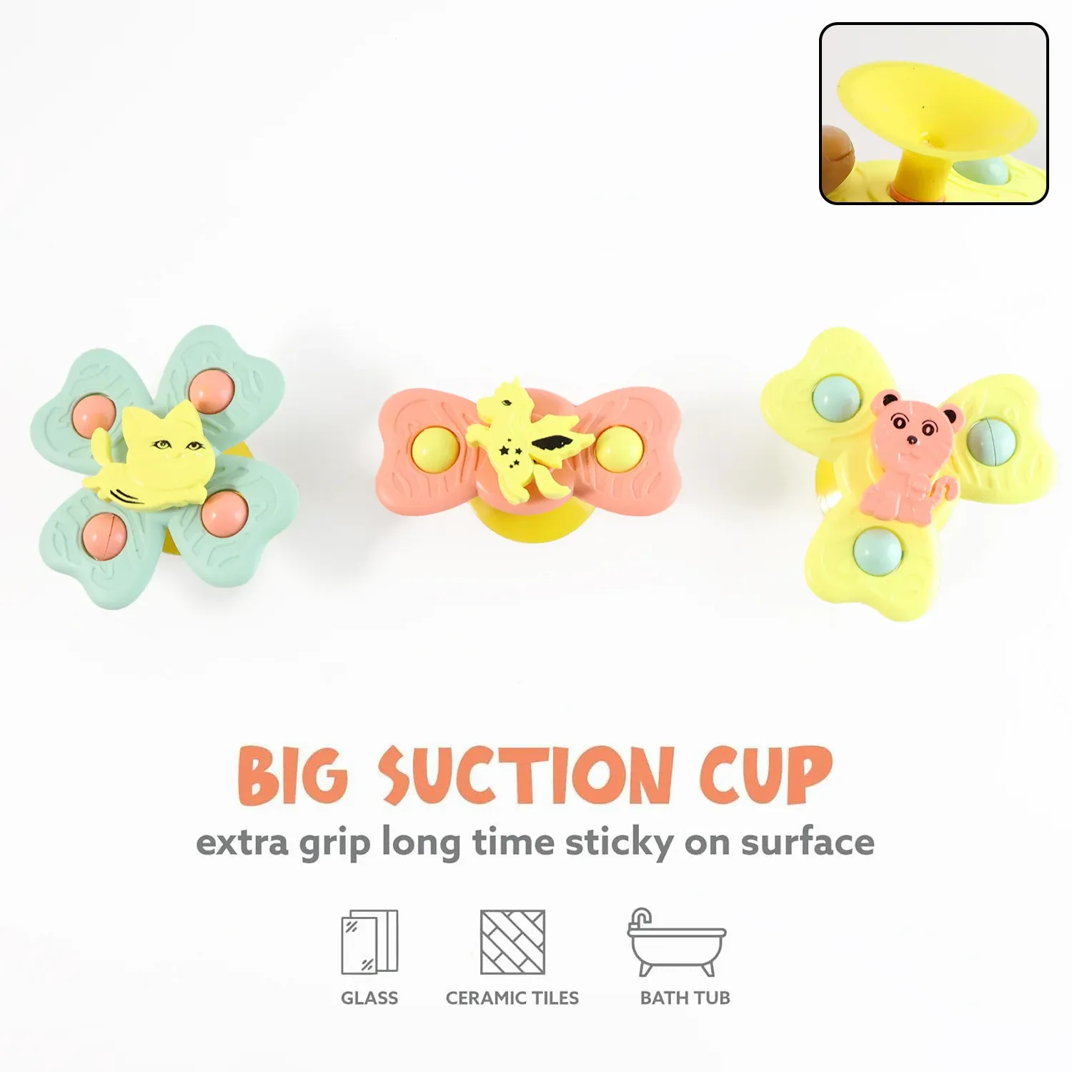 Buzzy Baby Spinner Toy Set – 3-Pc Suction Cup Spinning Toys - Detailed Feature View 3