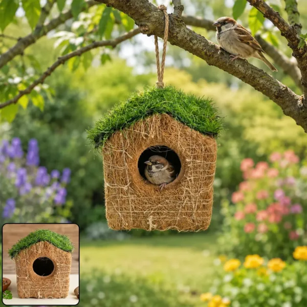 Coir Bird House – Eco-Friendly Garden Decor with Grass Roof