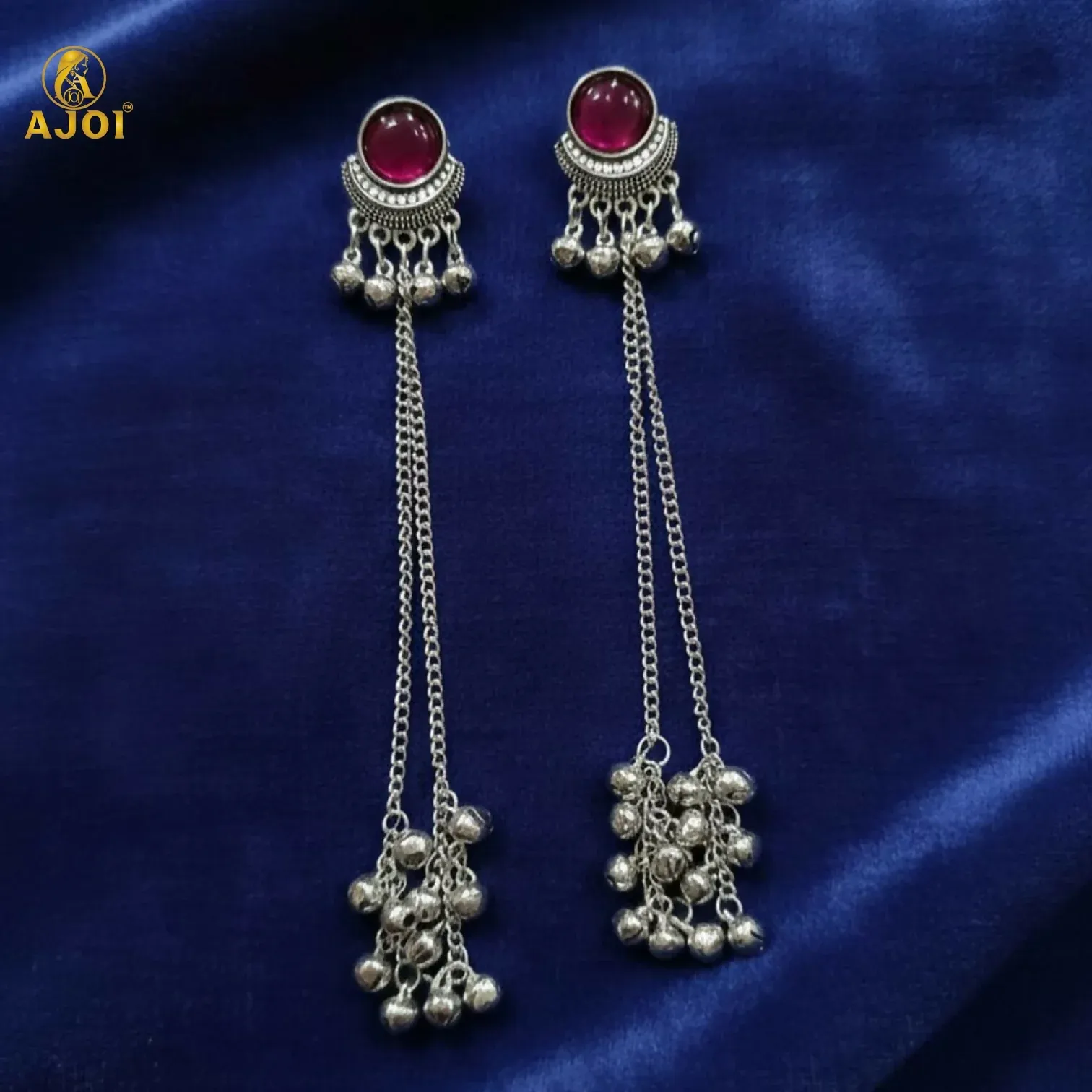 Premium Ethnic Round Design Silver Plated Long Earrings with Ghungroo Drops - Buy Online at Alikart