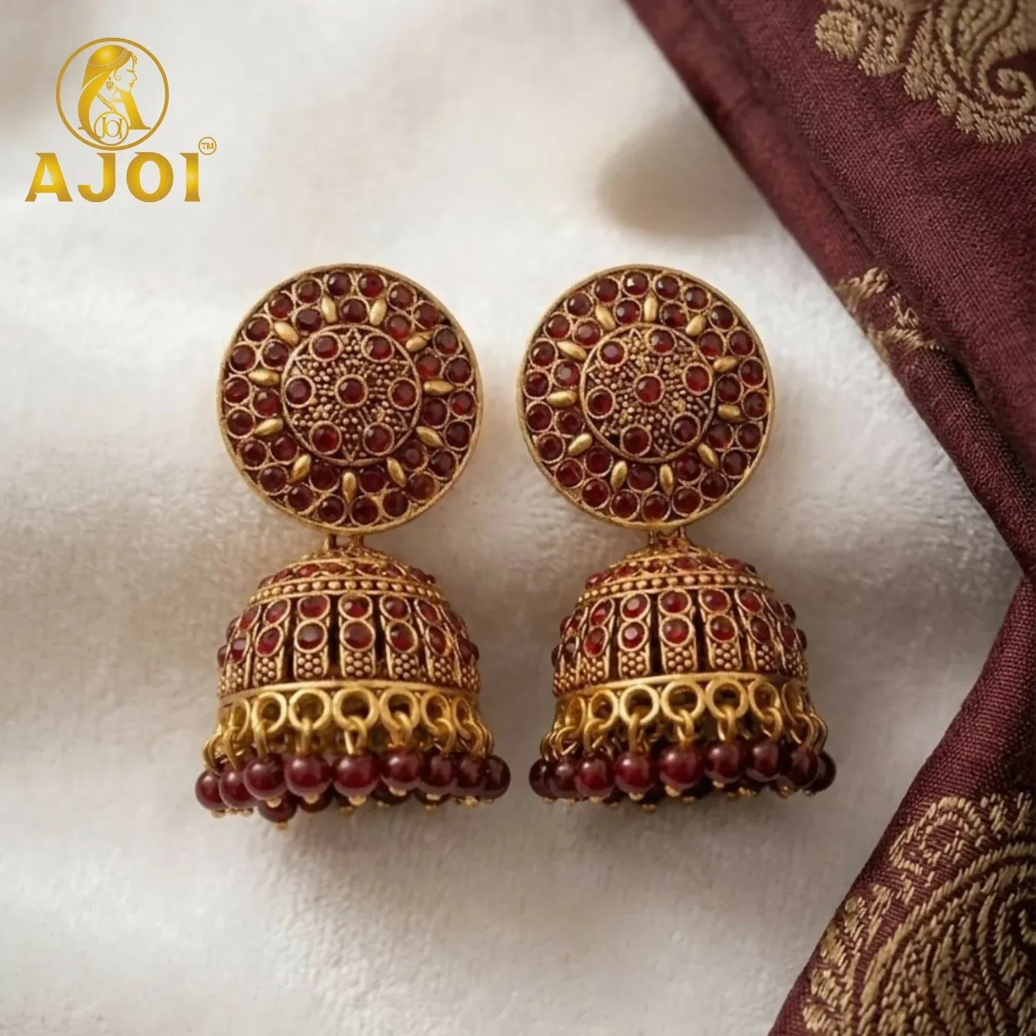 Premium Antique Gold Maroon Stone Jhumka Earrings Traditional Ethnic Design - Buy Online at Alikart