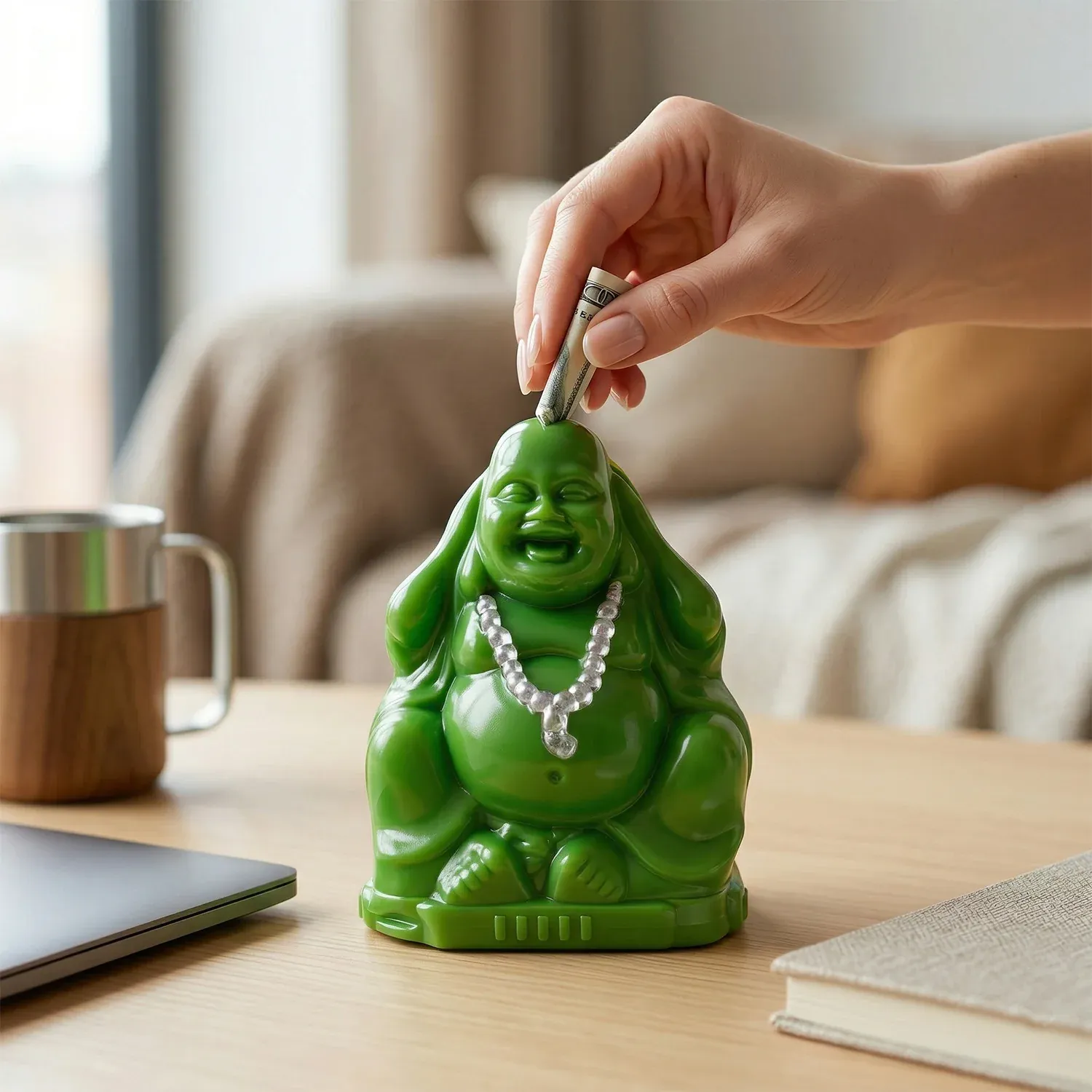 Laughing Buddha Money Bank Coin Saving Box - Decorative Piggy Bank - Detailed Feature View 2