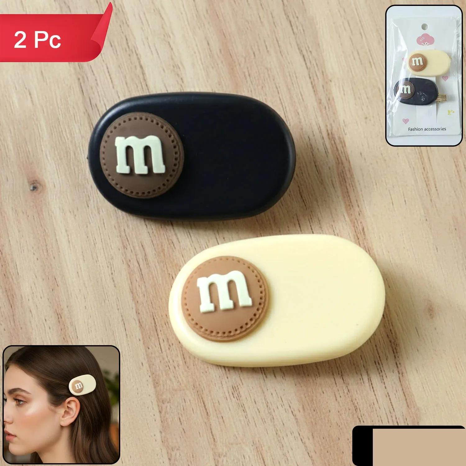 Alphabet Letter Decorative Oval Hair Clips Set - 2 Pieces - Detailed Feature View 1