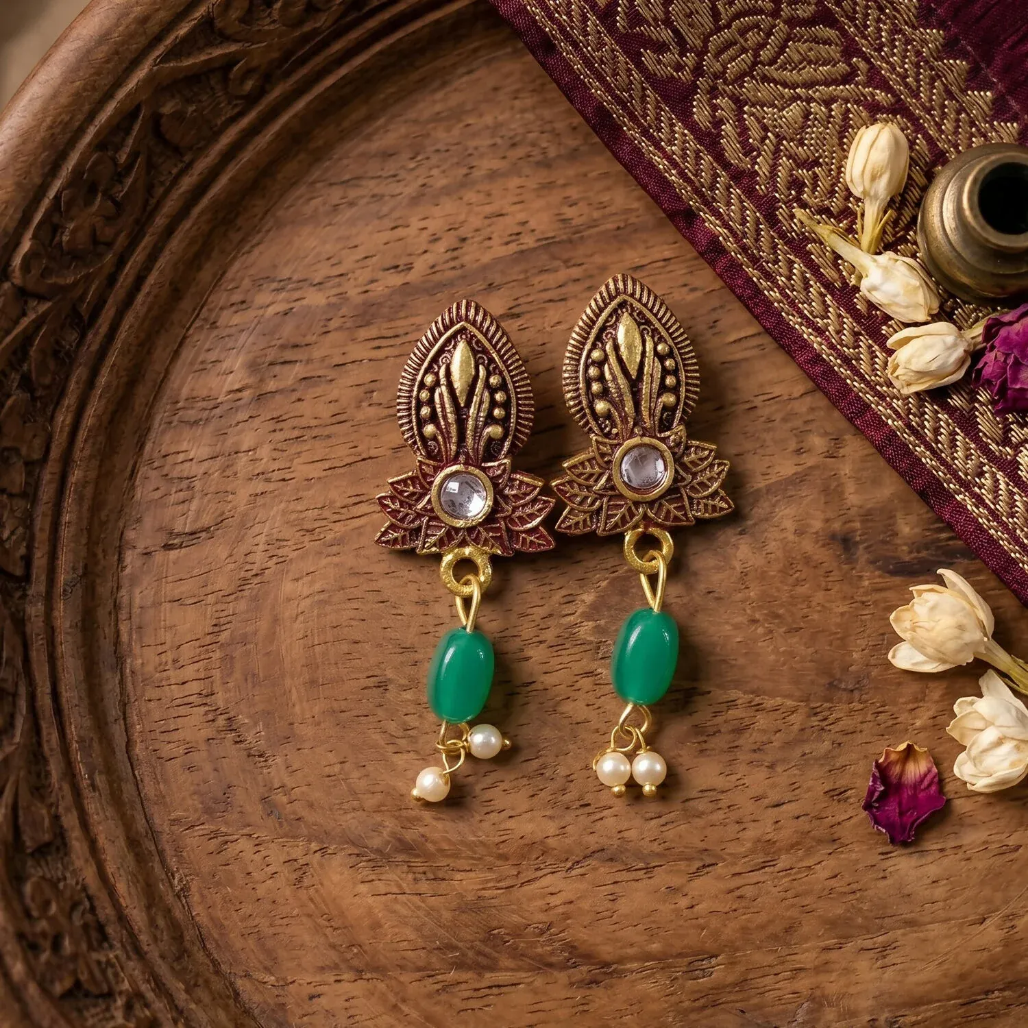 Traditional Maroon Beaded Necklace Set with Earrings - Adjustable Thread - Detailed Feature View 3