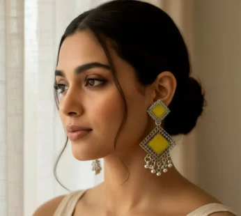 Traditional Indian Oxidised Dangler Earrings with Square Yellow Monalisa Stones