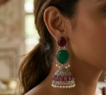 Elegant Red and Green Oxidised Silver Jhumka Earrings with Pearl Drops
