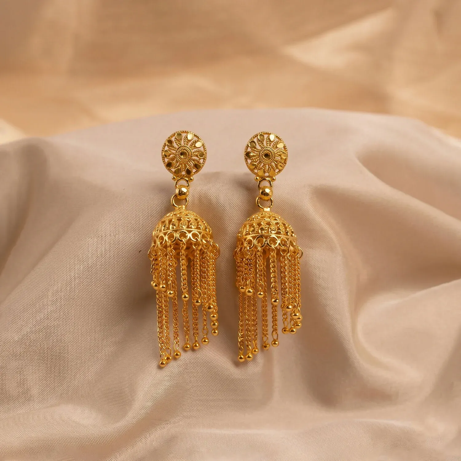 Golden Chain Tassel Jhumka Earrings - Stylish Party Jewellery for Women - Detailed Feature View 3