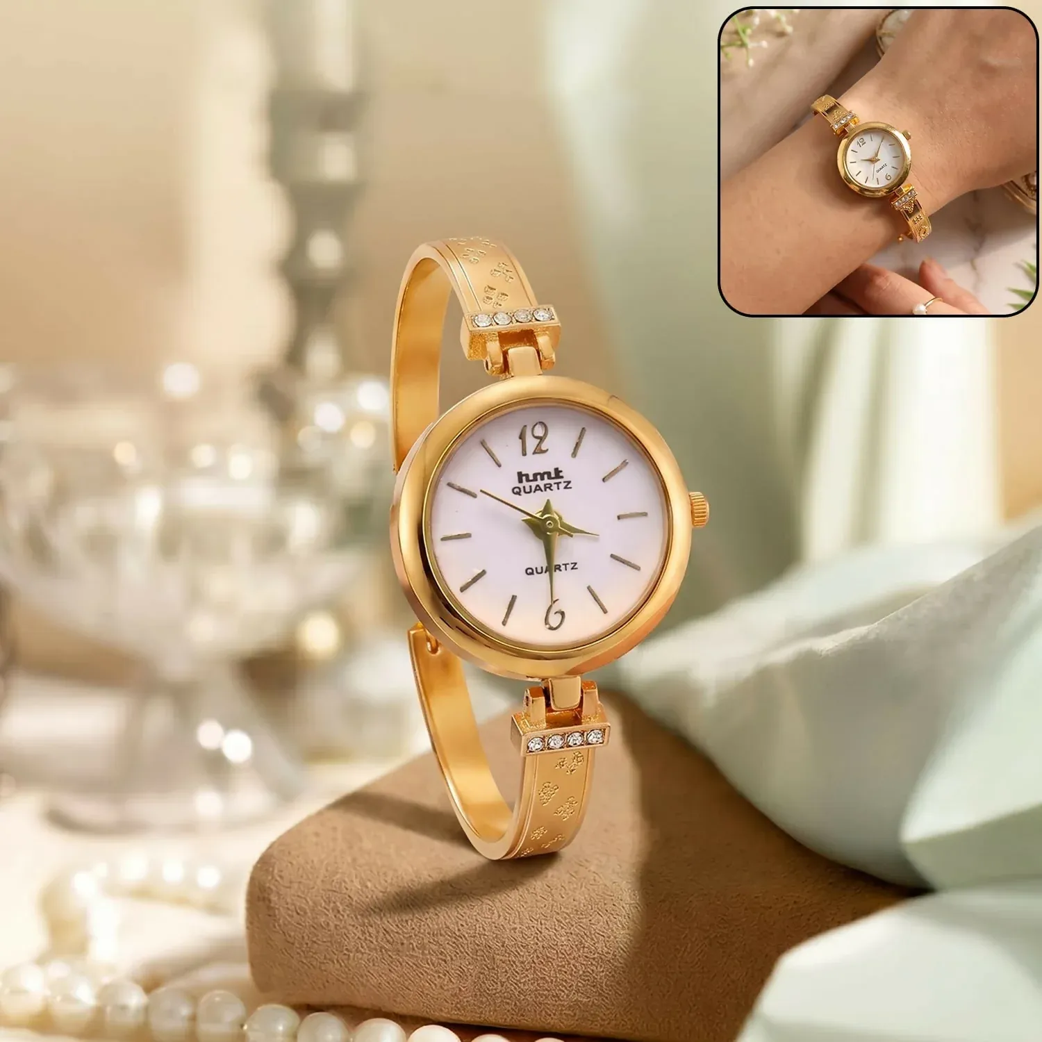 Premium Elegant Gold Bracelet Watch with Crystal Accents - Buy Online at Alikart